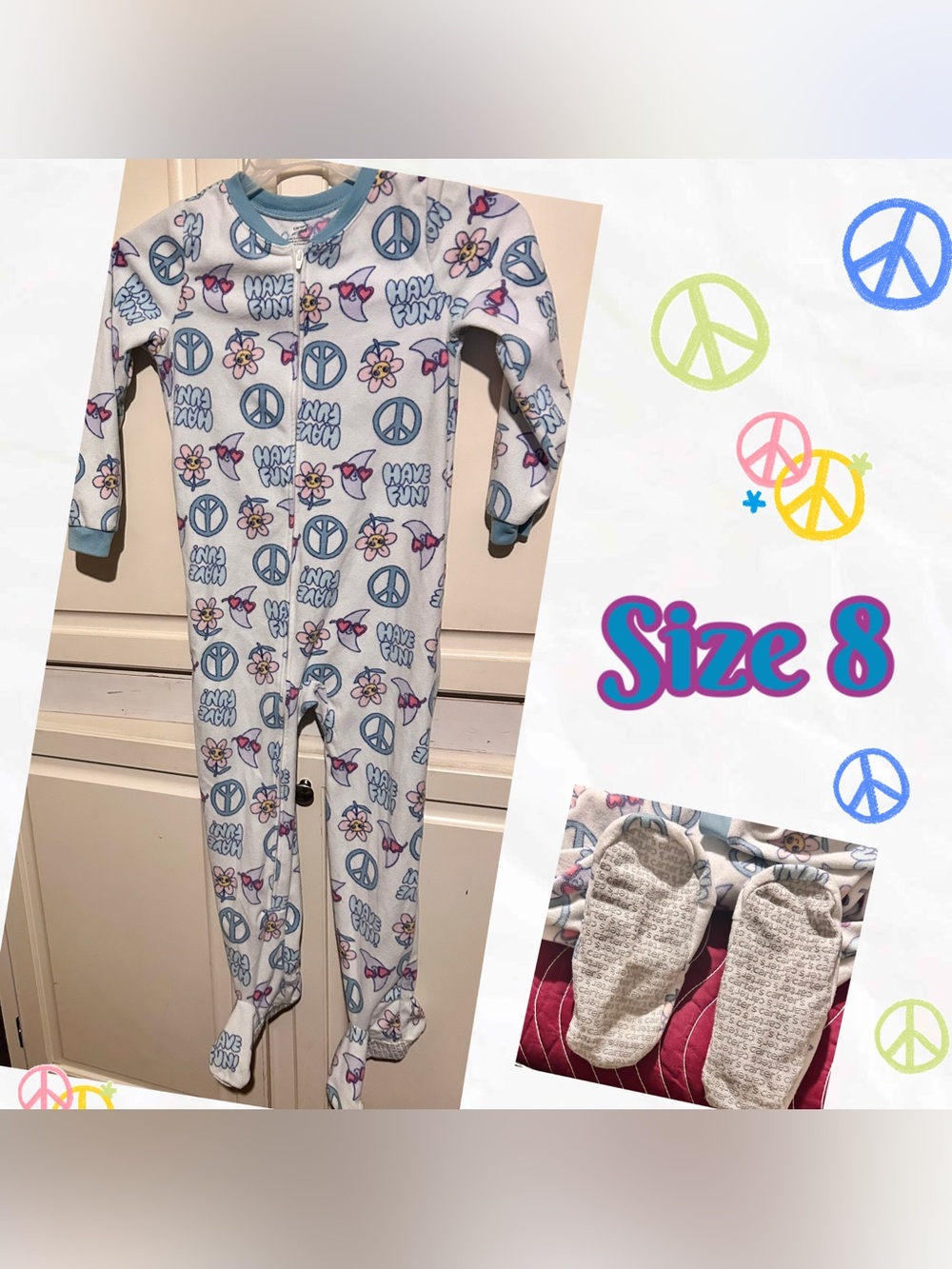 Kids One-Piece Footed Pajamas - Peace & Flowers Print, Blue